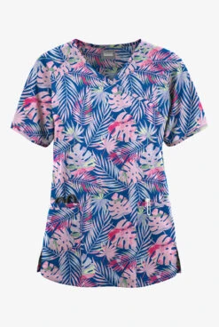 Butter-Soft Originals Tropical Garden Women's 3-Pocket Mock Wrap Raglan Sleeve Printed Scrub TopÂ