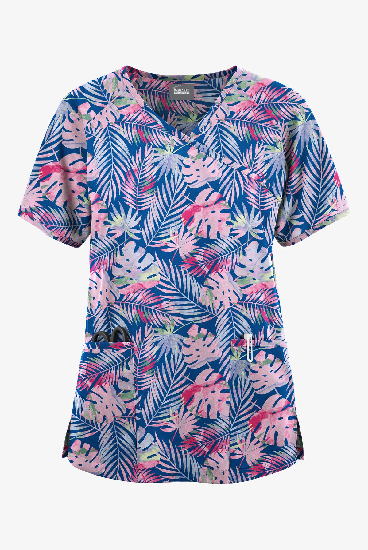 Butter-Soft Originals Tropical Garden Women's 3-Pocket Mock Wrap Raglan Sleeve Printed Scrub Top 3 Butter-Soft Originals Tropical Garden Women's 3-Pocket Mock Wrap Raglan Sleeve Printed Scrub Top