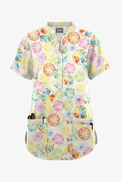 Fashion Clothing 27 Butter-Soft Originals Citrus Slice Women's 6-Pocket Mandarin Collar Printed Scrub TopÂ