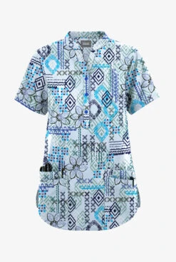 Butter-Soft Originals Floral Batik Morning Dew Women's 6-Pocket Mandarin Collar Printed Scrub Top 