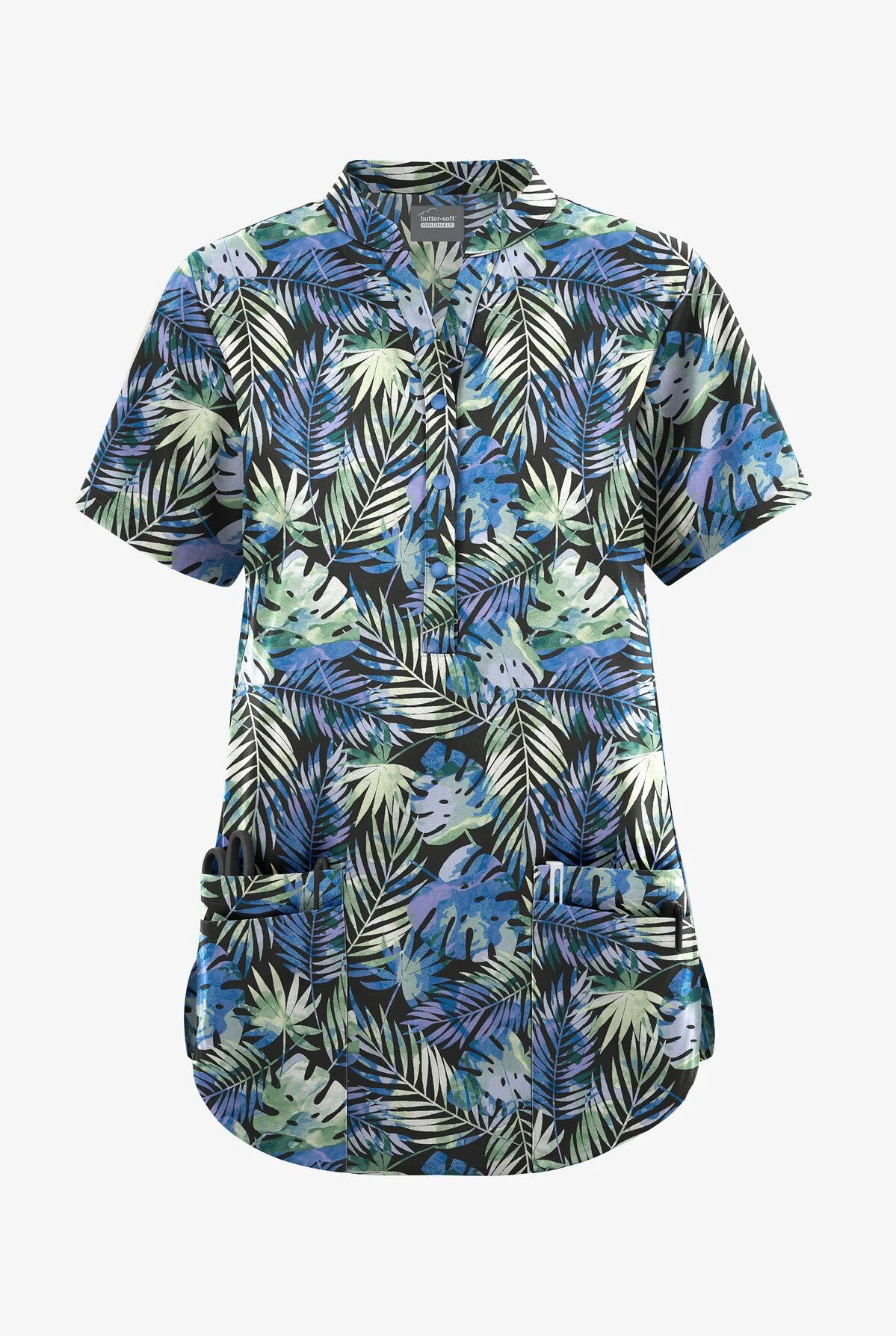 Butter-Soft Originals Tropical Garden Women's 6-Pocket Mandarin Collar Printed Scrub Top 3 Butter-Soft Originals Tropical Garden Women's 6-Pocket Mandarin Collar Printed Scrub Top