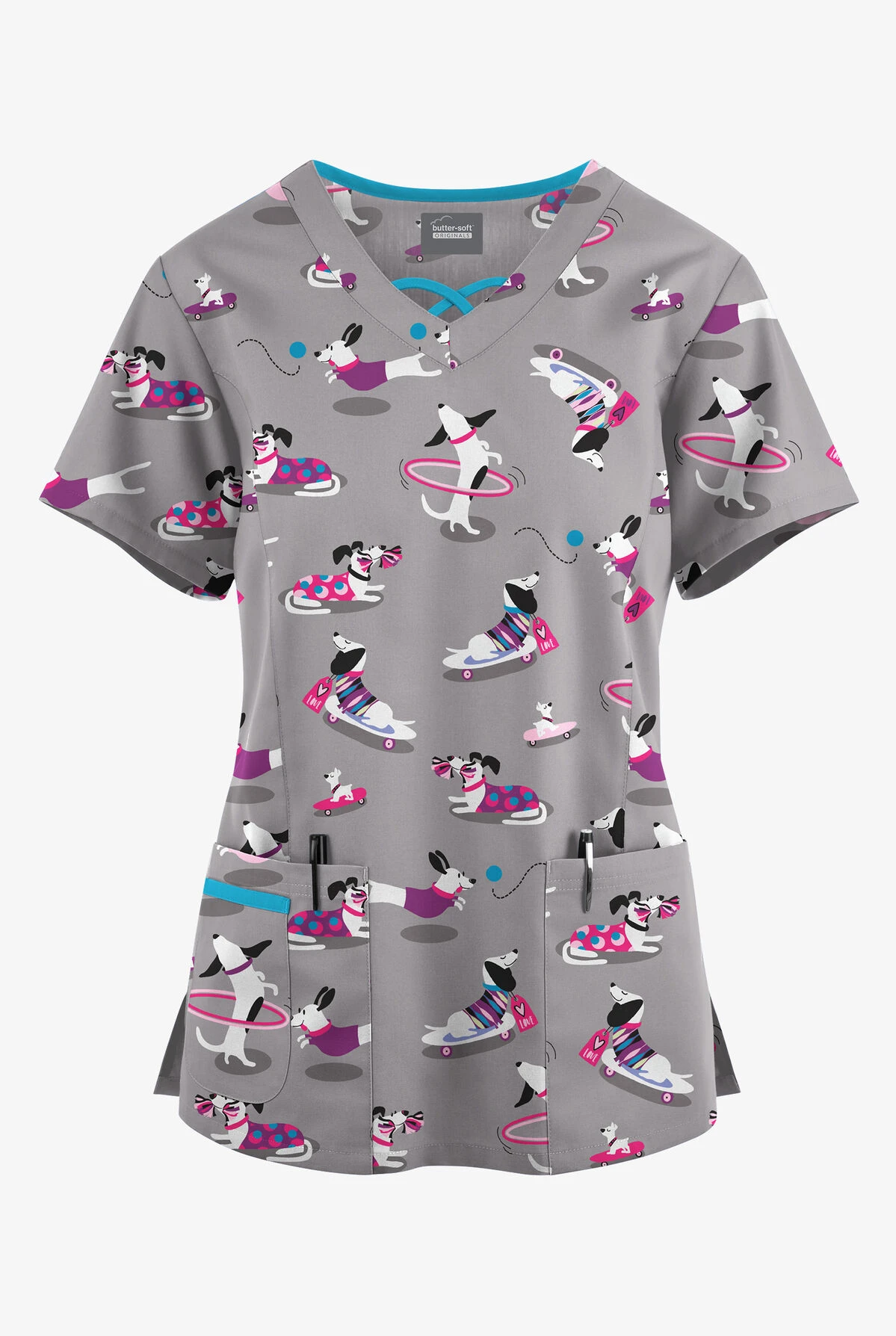 Butter-Soft Originals Playful Dachshunds Silver Women's 3-Pocket Criss Cross Printed Scrub Top 3 Butter-Soft Originals Playful Dachshunds Silver Women's 3-Pocket Criss Cross Printed Scrub Top