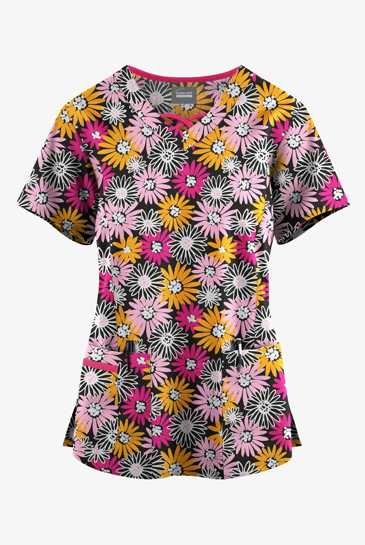 Butter-Soft Originals Pop Of Daisies Women's 3-Pocket Criss Cross Printed Scrub Top 3 Butter-Soft Originals Pop Of Daisies Women's 3-Pocket Criss Cross Printed Scrub Top