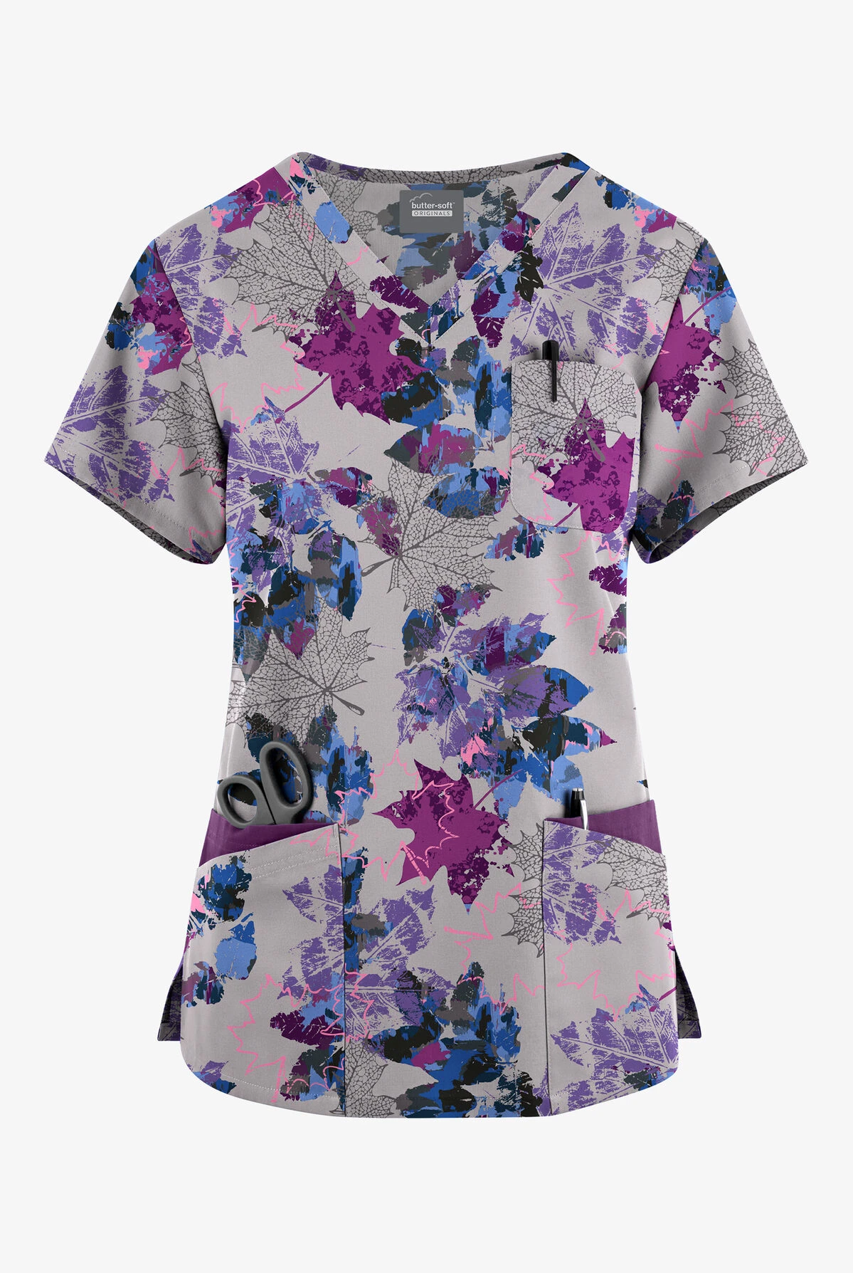 Butter-Soft Originals Autumn Park Silver Women's 7-Pocket Rounded V-Neck Printed Scrub Top 3 Butter-Soft Originals Autumn Park Silver Women's 7-Pocket Rounded V-Neck Printed Scrub Top