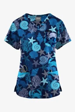 Butter-Soft Originals Beach Day Navy Women's 7-Pocket Curved V-Neck Printed Scrub Top