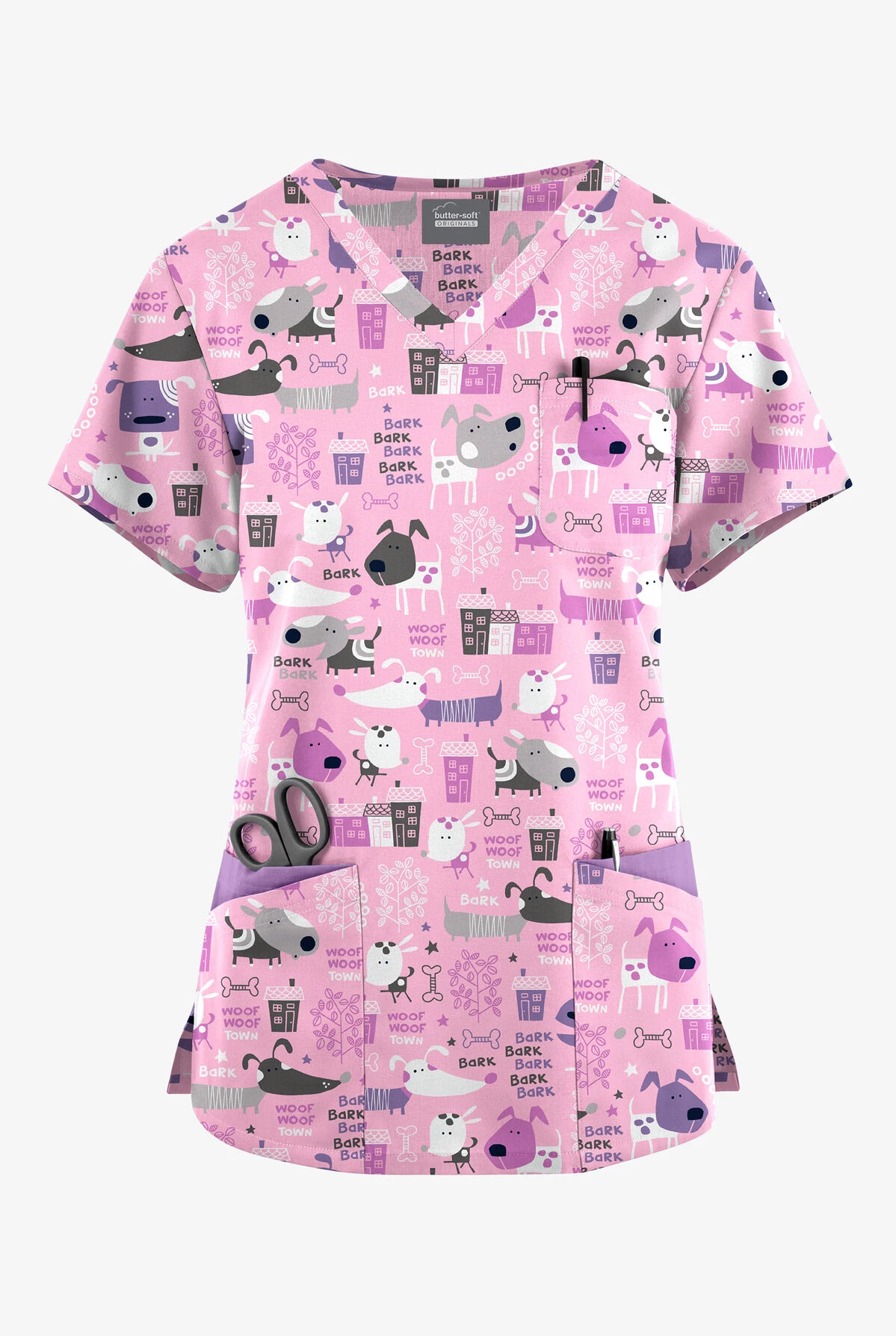 Butter-Soft Originals Bark Park Blush Women's 7-Pocket Curved V-Neck Printed Scrub Top 3 Butter-Soft Originals Bark Park Blush Women's 7-Pocket Curved V-Neck Printed Scrub Top