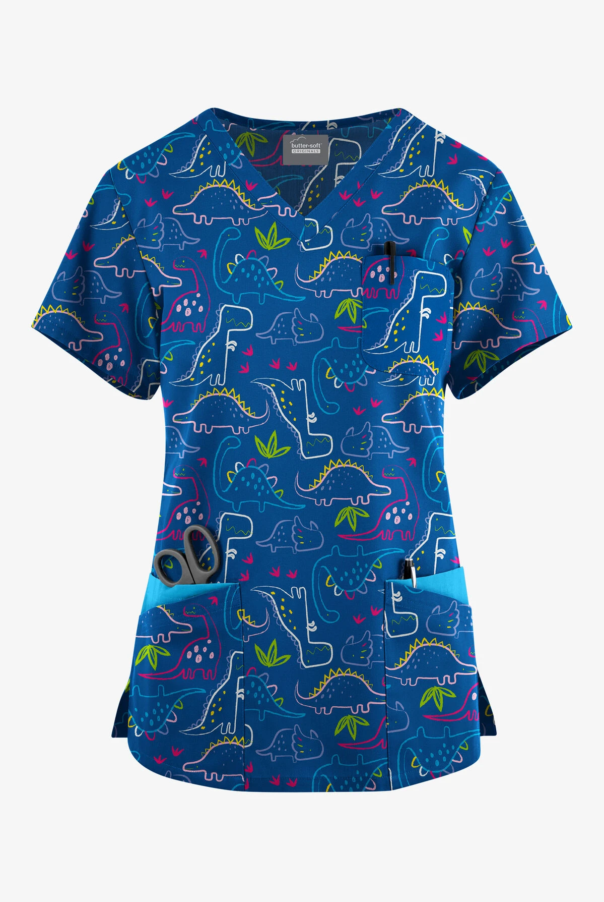 Butter-Soft Originals Dino Park Royal Women's 7-Pocket Curved V-Neck Printed Scrub Top 3 Butter-Soft Originals Dino Park Royal Women's 7-Pocket Curved V-Neck Printed Scrub Top
