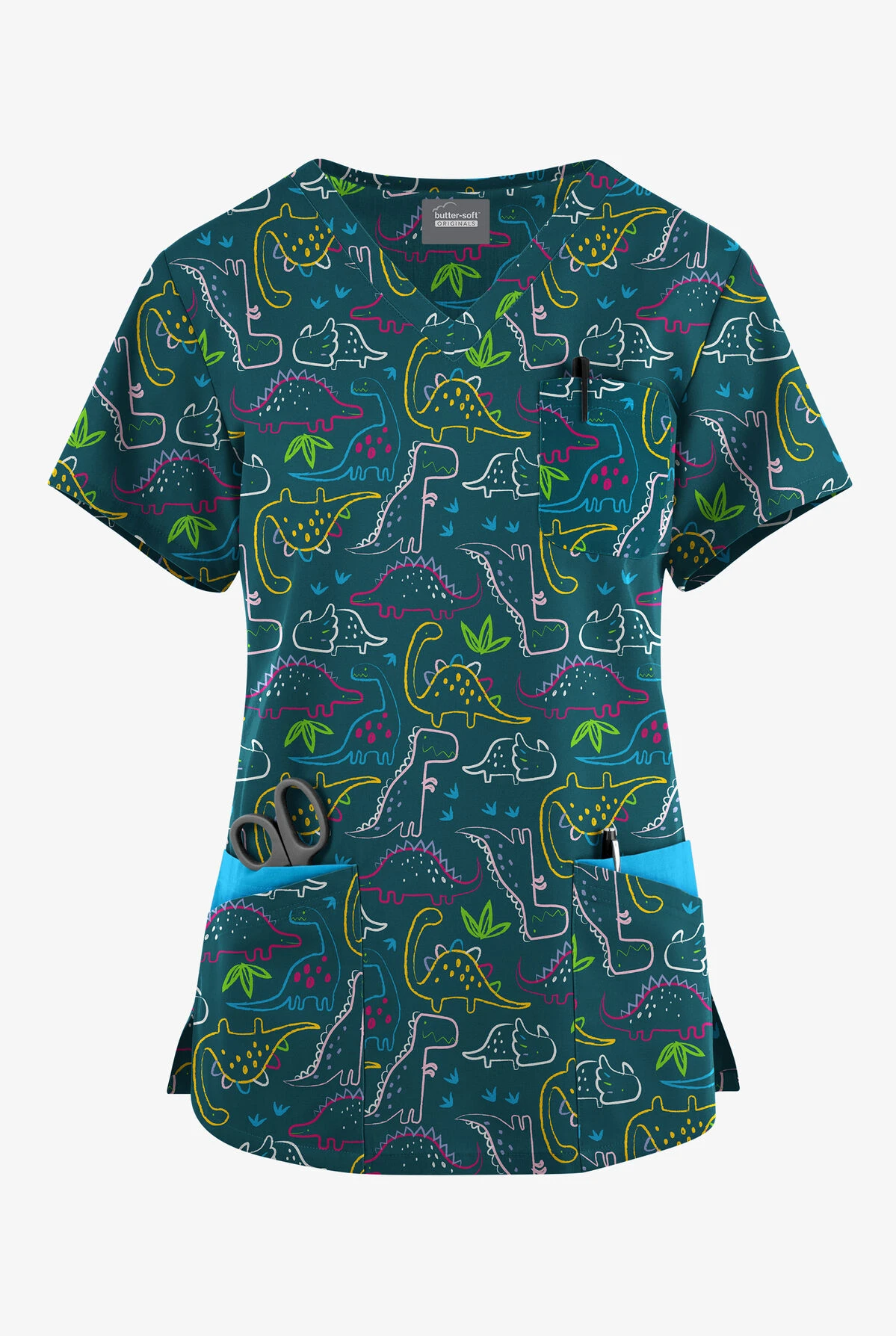 Butter-Soft Originals Dino Park Caribbean Blue Women's 7-Pocket Curved V-Neck Printed Scrub Top 3 Butter-Soft Originals Dino Park Caribbean Blue Women's 7-Pocket Curved V-Neck Printed Scrub Top