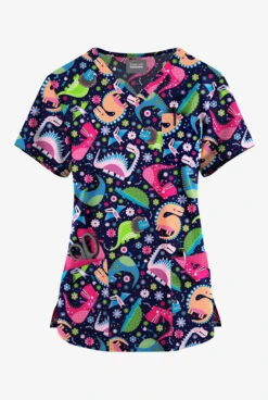 Fashion Clothing 15 Butter-Soft Originals Dino Party Navy Women's 7-Pocket Rounded V-Neck Printed Scrub Top