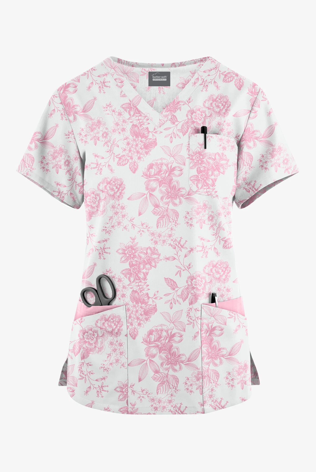 Butter-Soft Originals Etched Roses Blush Women's 7-Pocket Curved V-Neck Printed Scrub Top 3 Butter-Soft Originals Etched Roses Blush Women's 7-Pocket Curved V-Neck Printed Scrub Top