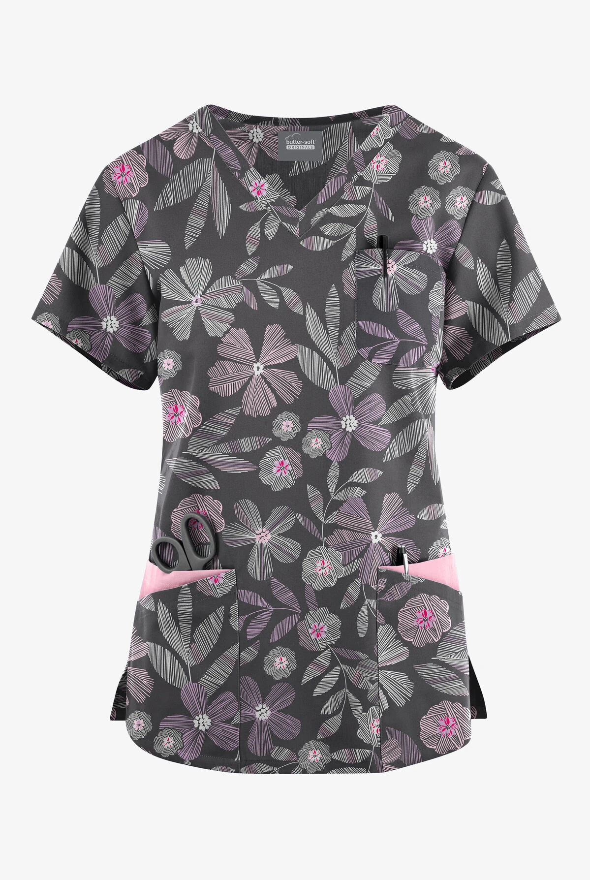 Butter-Soft Originals Linear Floral Pewter Women's 7-Pocket Curved V-Neck Printed Scrub Top 3 Butter-Soft Originals Linear Floral Pewter Women's 7-Pocket Curved V-Neck Printed Scrub Top