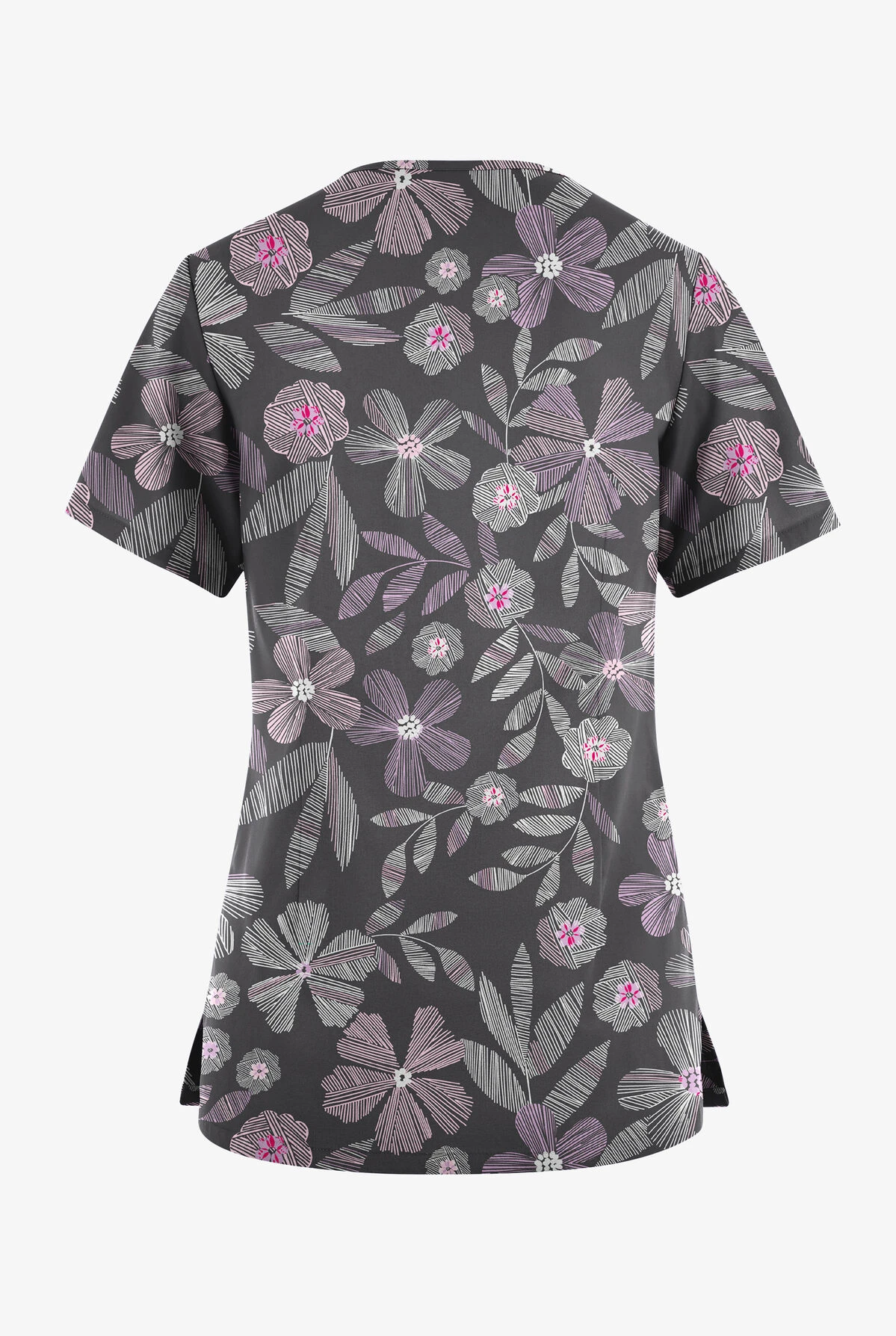 Butter-Soft Originals Linear Floral Pewter Women's 7-Pocket Curved V-Neck Printed Scrub Top 4 Butter-Soft Originals Linear Floral Pewter Women's 7-Pocket Curved V-Neck Printed Scrub Top - Image 2