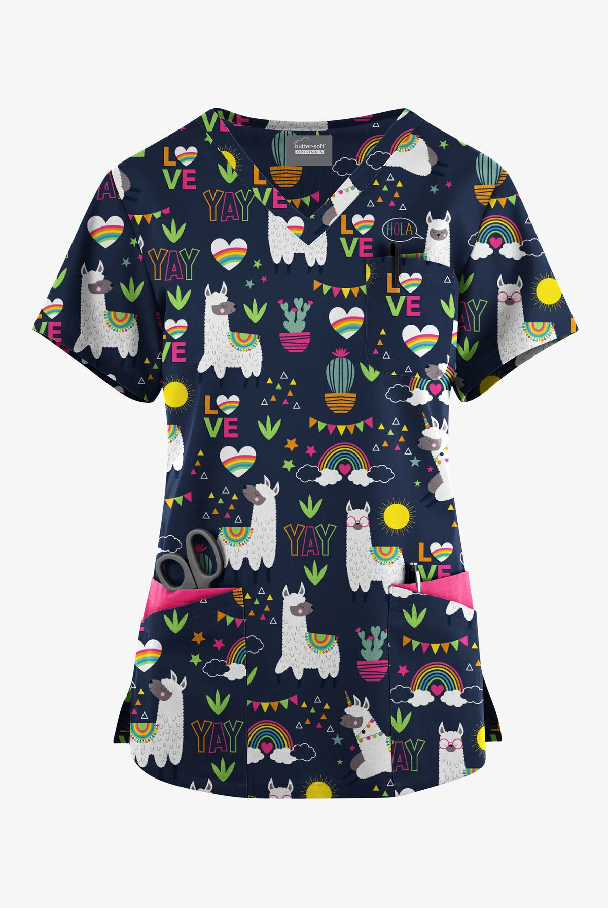 Butter-Soft Originals Llama Love Navy Women's 7-Pocket Curved V-Neck Printed Scrub Top 3 Butter-Soft Originals Llama Love Navy Women's 7-Pocket Curved V-Neck Printed Scrub Top