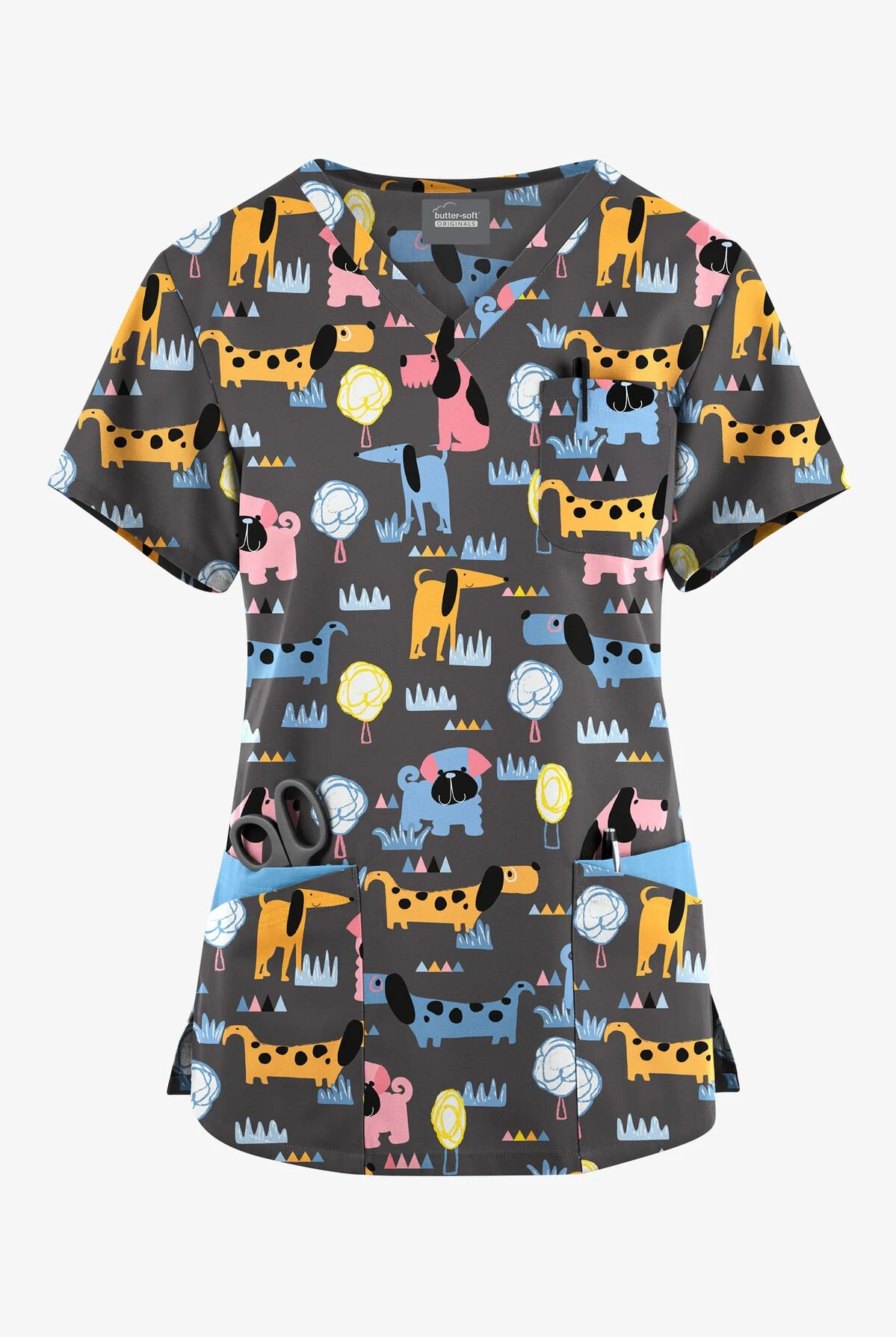 Butter-Soft Originals Meeting In The Park Pewter Women's 7-Pocket Rounded V-Neck Printed Scrub Top 3 Butter-Soft Originals Meeting In The Park Pewter Women's 7-Pocket Rounded V-Neck Printed Scrub Top