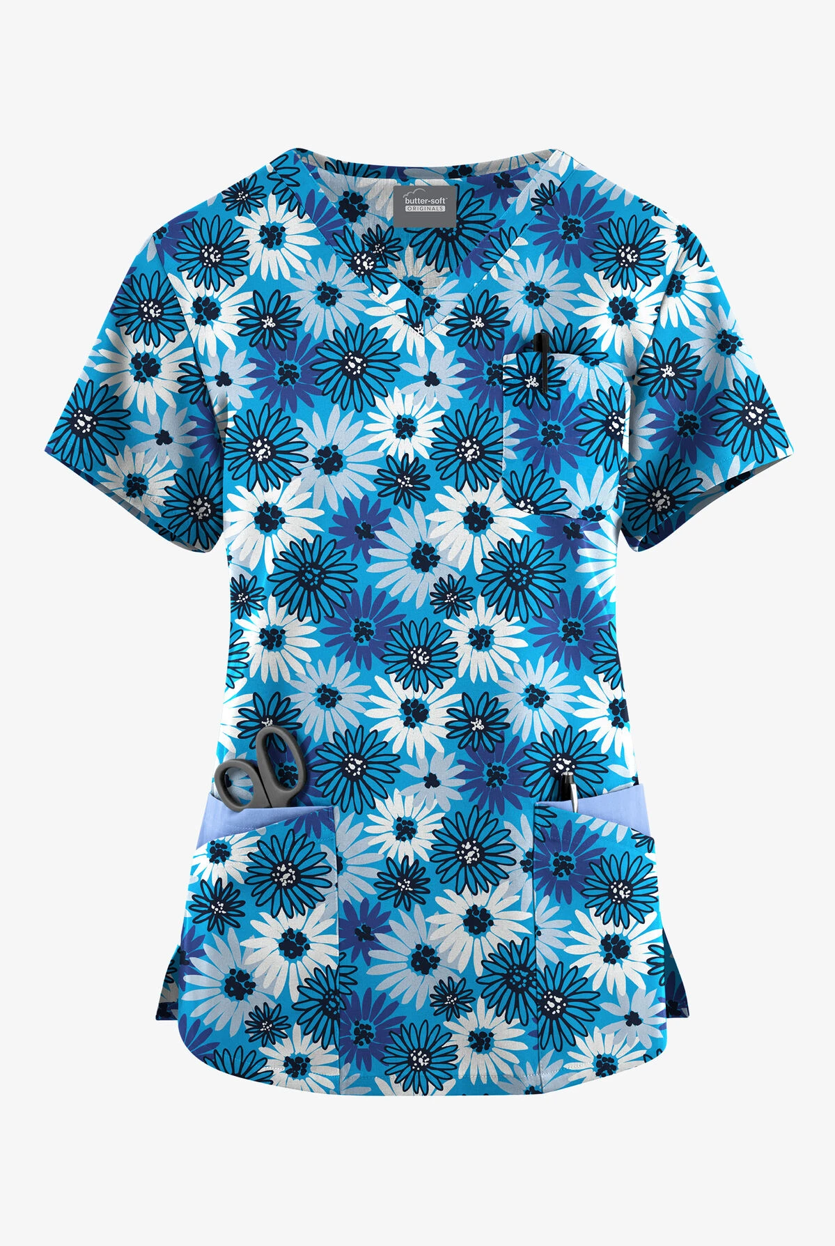 Butter-Soft Originals Pop Of Daisies Turquoise Women's 7-Pocket Curved V-Neck Printed Scrub Top 3 Butter-Soft Originals Pop Of Daisies Turquoise Women's 7-Pocket Curved V-Neck Printed Scrub Top