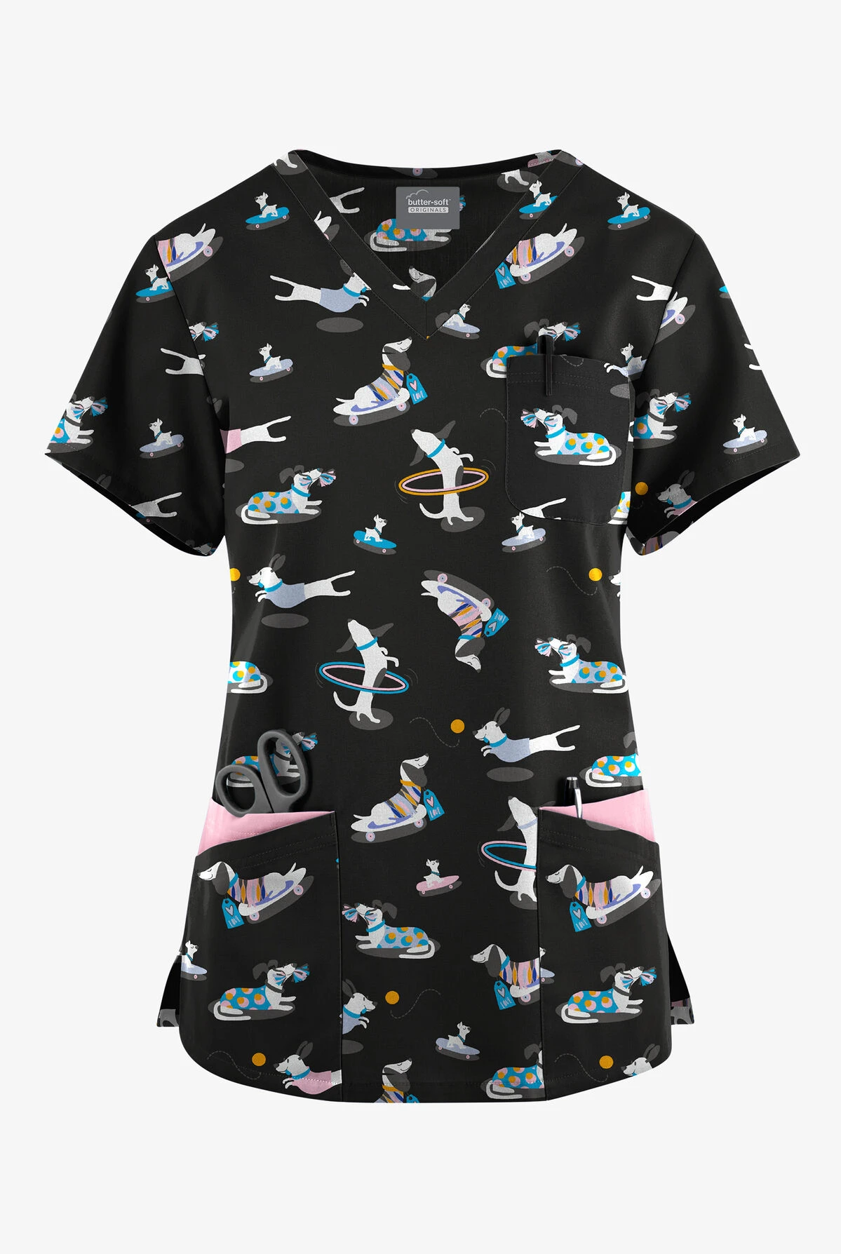 Butter-Soft Originals Playful Dachshunds Women's 7-Pocket Curved V-Neck Printed Scrub Top 3 Butter-Soft Originals Playful Dachshunds Women's 7-Pocket Curved V-Neck Printed Scrub Top