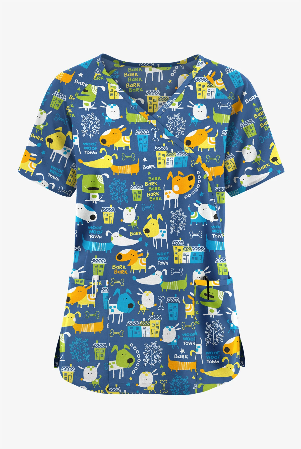 Butter-Soft Originals Bark Park Royal Women's 3-Pocket Mock Wrap With Ties Printed Scrub Top 3 Butter-Soft Originals Bark Park Royal Women's 3-Pocket Mock Wrap With Ties Printed Scrub Top