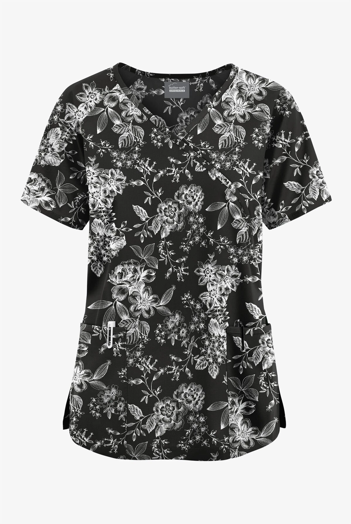 Butter-Soft Originals Etched Roses Women's 3-Pocket Mock Wrap With Ties Printed Scrub Top 3 Butter-Soft Originals Etched Roses Women's 3-Pocket Mock Wrap With Ties Printed Scrub Top