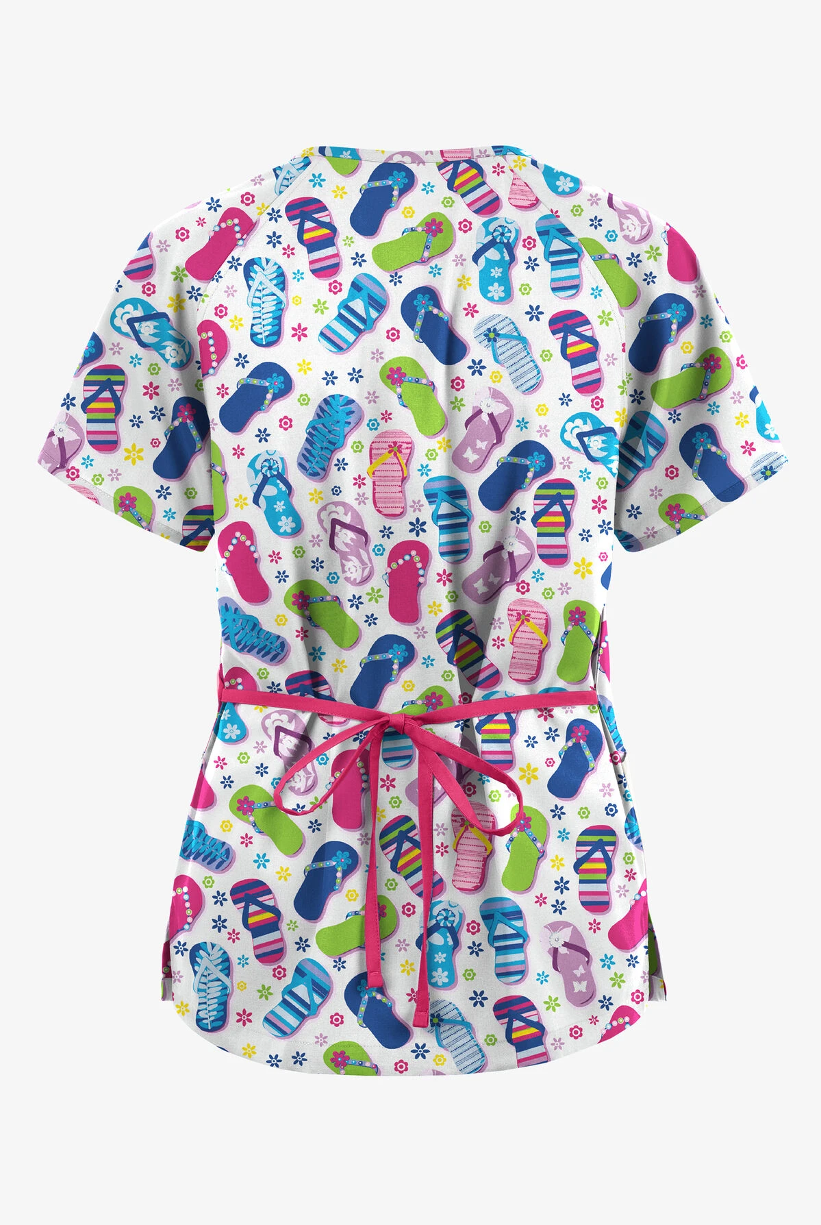 Butter-Soft Originals Flip Flop Fun Royal Women's 3-Pocket Mock Wrap With Ties Printed Scrub Top 4 Butter-Soft Originals Flip Flop Fun Royal Women's 3-Pocket Mock Wrap With Ties Printed Scrub Top - Image 2