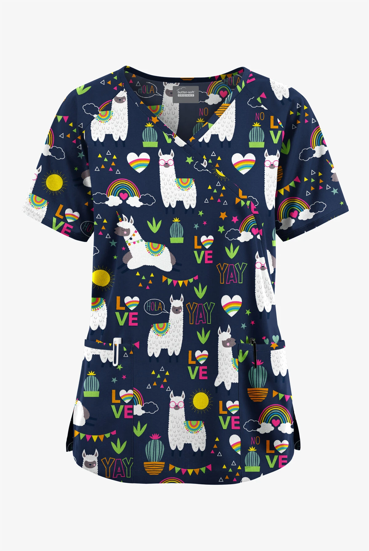 Butter-Soft Originals Llama Love Navy Women's 3-Pocket Mock Wrap With Ties Printed Scrub Top 3 Butter-Soft Originals Llama Love Navy Women's 3-Pocket Mock Wrap With Ties Printed Scrub Top