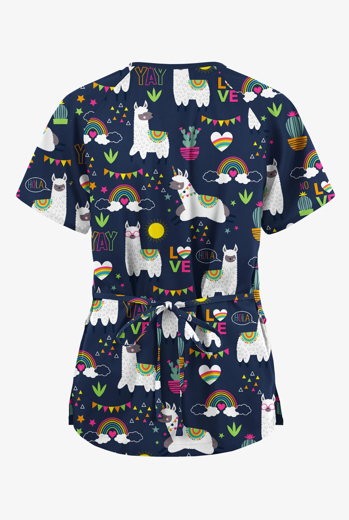 Butter-Soft Originals Llama Love Navy Women's 3-Pocket Mock Wrap With Ties Printed Scrub Top 4 Butter-Soft Originals Llama Love Navy Women's 3-Pocket Mock Wrap With Ties Printed Scrub Top - Image 2