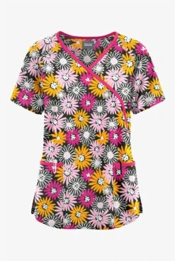 Butter-Soft Originals Pop Of Daisies Women's 3-Pocket Mock Wrap With Ties Printed Scrub Top