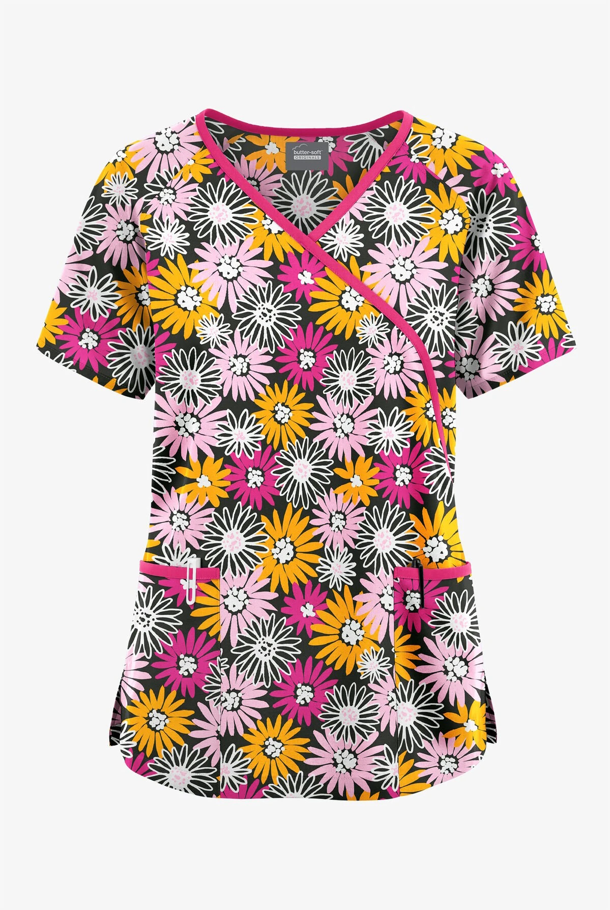 Butter-Soft Originals Pop Of Daisies Women's 3-Pocket Mock Wrap With Ties Printed Scrub Top 3 Butter-Soft Originals Pop Of Daisies Women's 3-Pocket Mock Wrap With Ties Printed Scrub Top