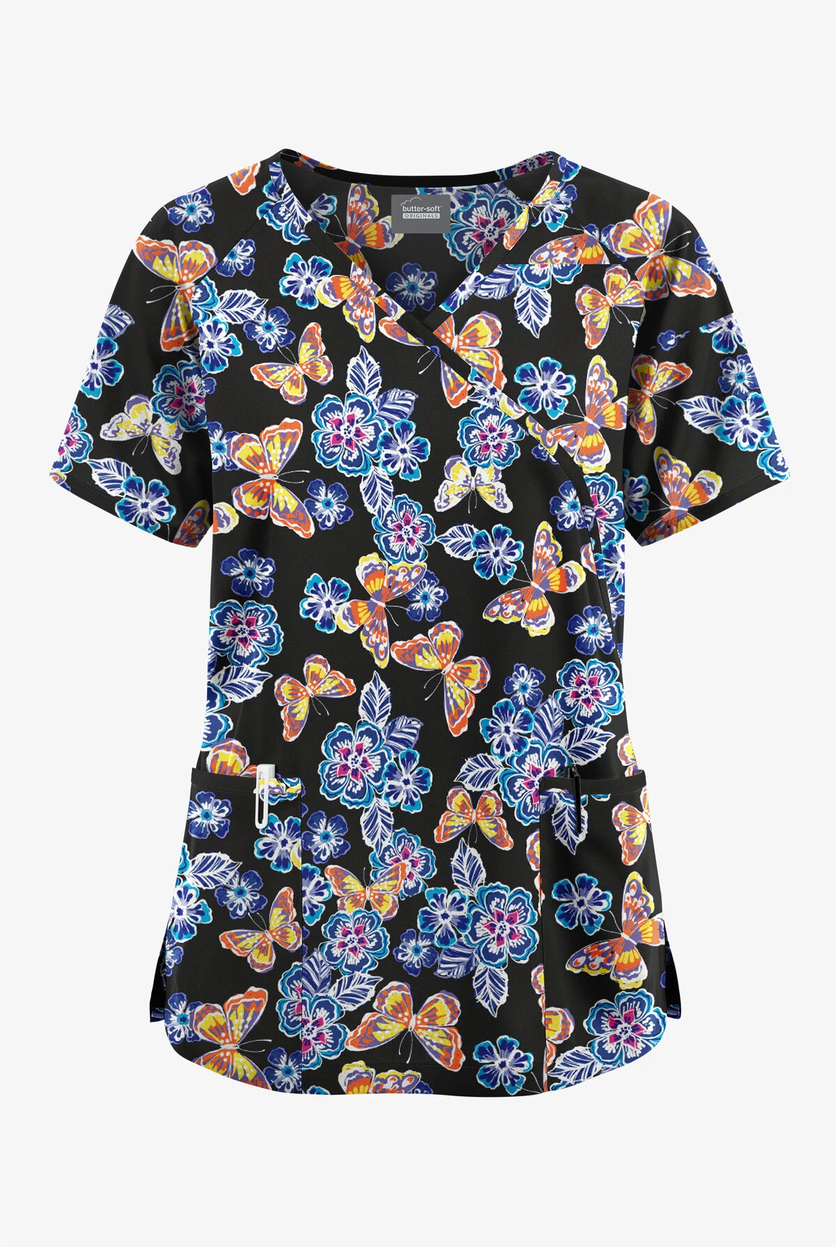 Butter-Soft Originals Spring Day Women's 3-Pocket Mock Wrap With Ties Printed Scrub Top 3 Butter-Soft Originals Spring Day Women's 3-Pocket Mock Wrap With Ties Printed Scrub Top