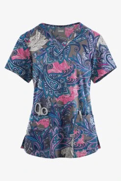 Butter-Soft Originals Layered Paisley Grey Stone Women's 4-Pocket Rounded V-Neck Printed Scrub Top