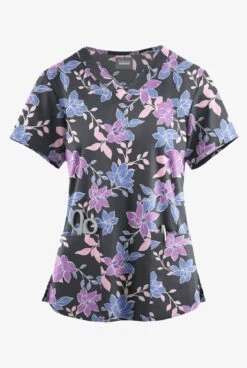 Butter-Soft Originals Spring Gardenia Pewter Women's 4-Pocket Rounded V-Neck Printed Scrub TopÂ