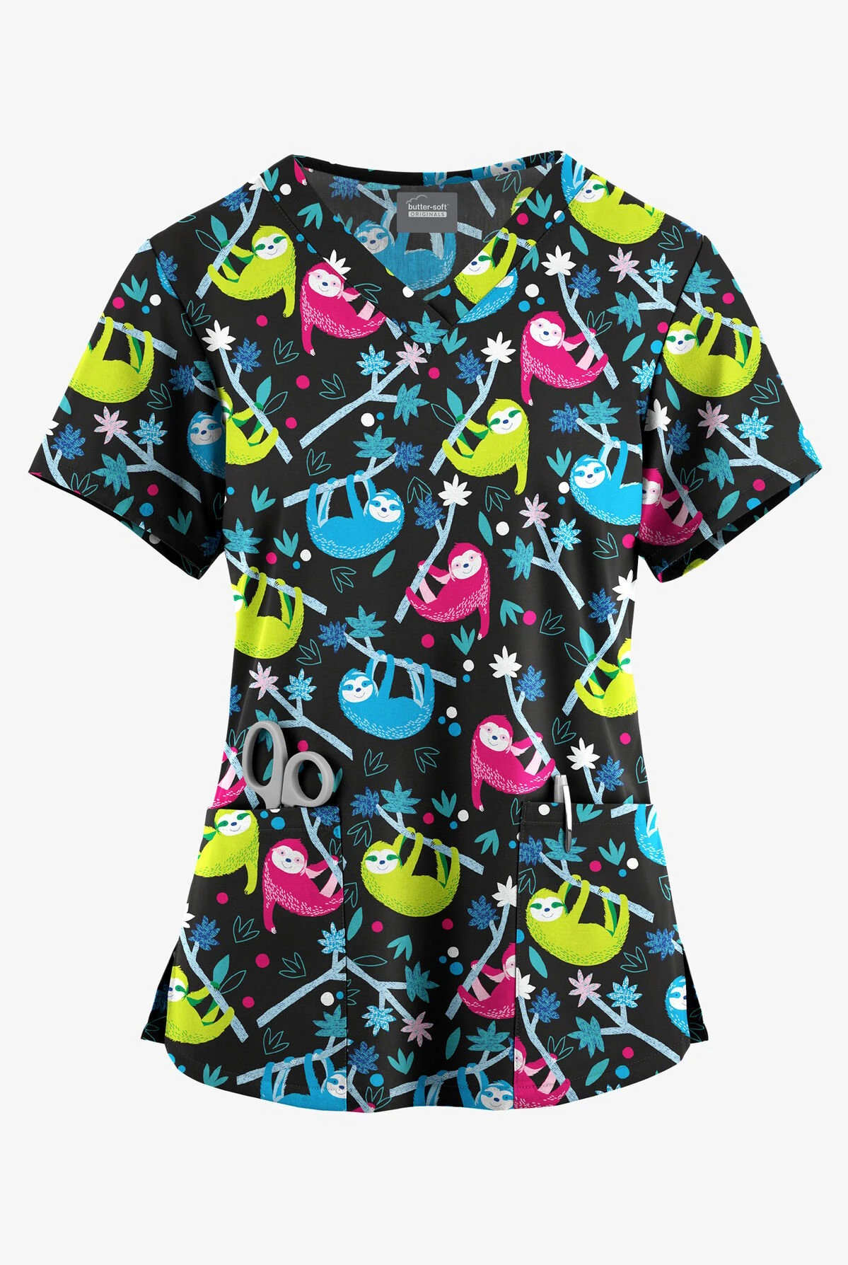 Butter-Soft Originals Slew Of Sloths Black Printed Women's 4-Pocket Rounded V-Neck Scrub Top 3 Butter-Soft Originals Slew Of Sloths Black Printed Women's 4-Pocket Rounded V-Neck Scrub Top