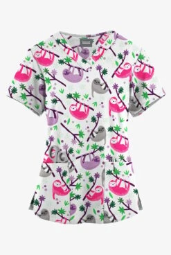 Butter-Soft Originals Slew Of Sloths White Printed Women's 4-Pocket Rounded V-Neck Scrub Top