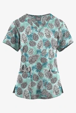 Butter-Soft Originals Winter Pine Cones Sea Frost Women's 4-Pocket Rounded V-Neck Printed Scrub Top