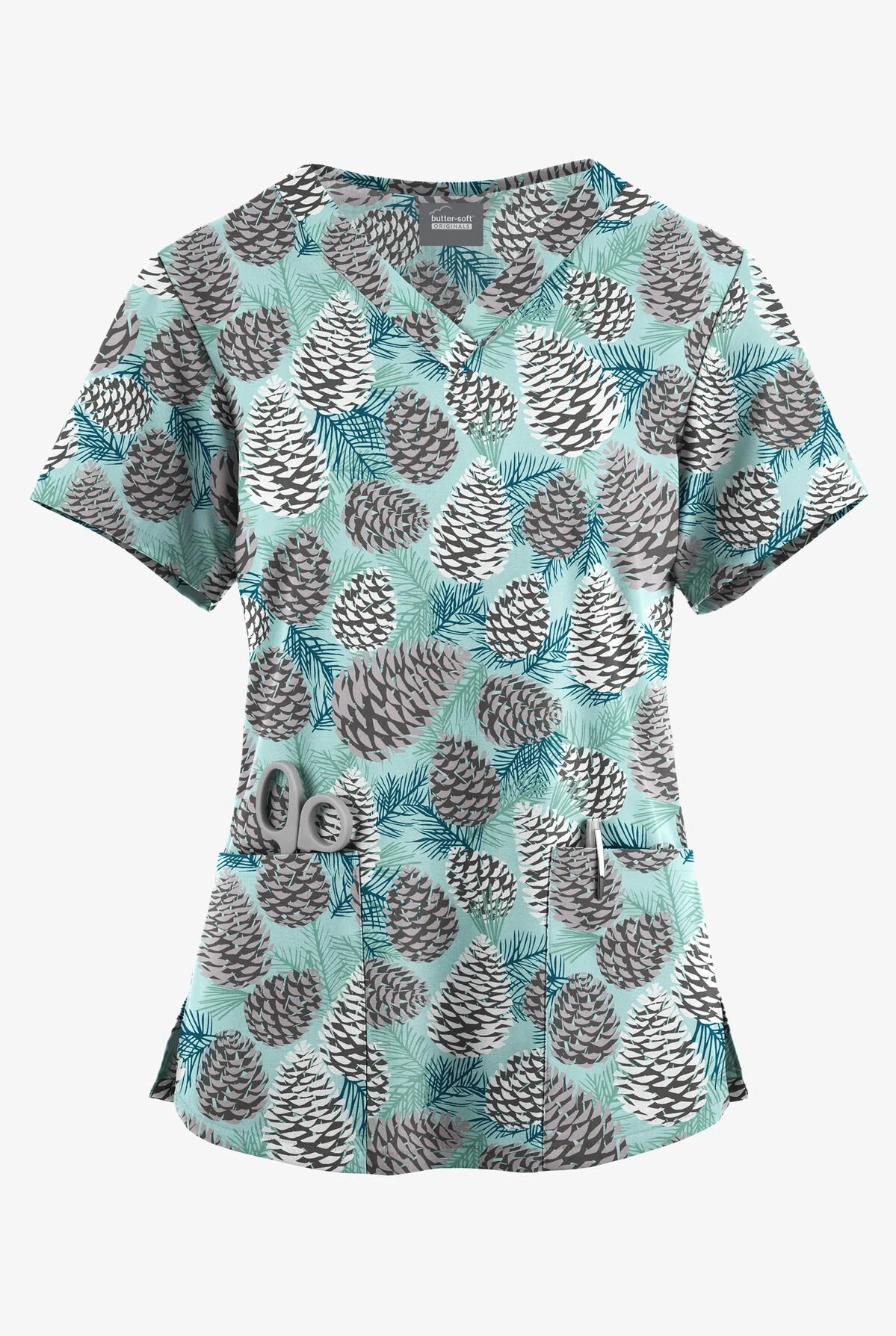 Butter-Soft Originals Winter Pine Cones Sea Frost Women's 4-Pocket Rounded V-Neck Printed Scrub Top 3 Butter-Soft Originals Winter Pine Cones Sea Frost Women's 4-Pocket Rounded V-Neck Printed Scrub Top