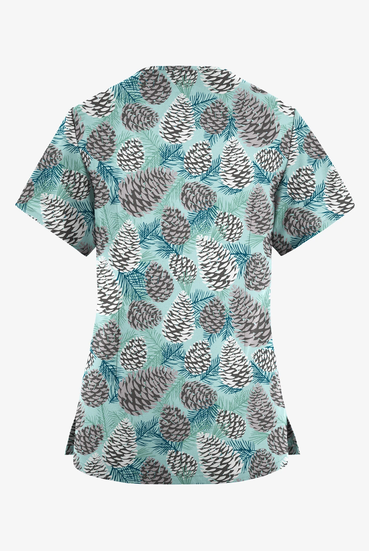 Butter-Soft Originals Winter Pine Cones Sea Frost Women's 4-Pocket Rounded V-Neck Printed Scrub Top 4 Butter-Soft Originals Winter Pine Cones Sea Frost Women's 4-Pocket Rounded V-Neck Printed Scrub Top - Image 2