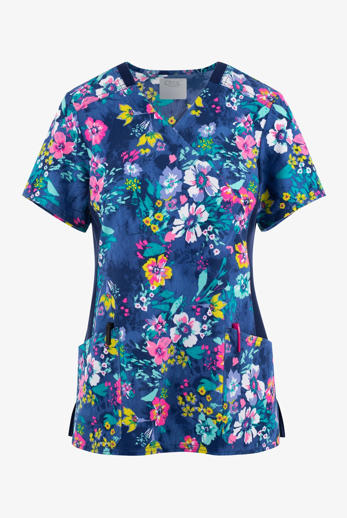 Cherokee Iflex Blooming Tie Dye Floral Women's 2-Pocket STRETCH Mock Wrap Print Scrub Top 3 Cherokee Iflex Blooming Tie Dye Floral Women's 2-Pocket STRETCH Mock Wrap Print Scrub Top