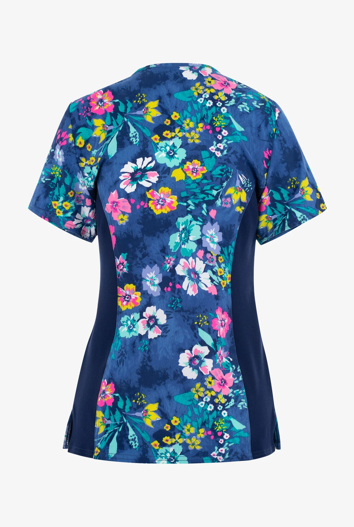 Cherokee Iflex Blooming Tie Dye Floral Women's 2-Pocket STRETCH Mock Wrap Print Scrub Top 4 Cherokee Iflex Blooming Tie Dye Floral Women's 2-Pocket STRETCH Mock Wrap Print Scrub Top - Image 2