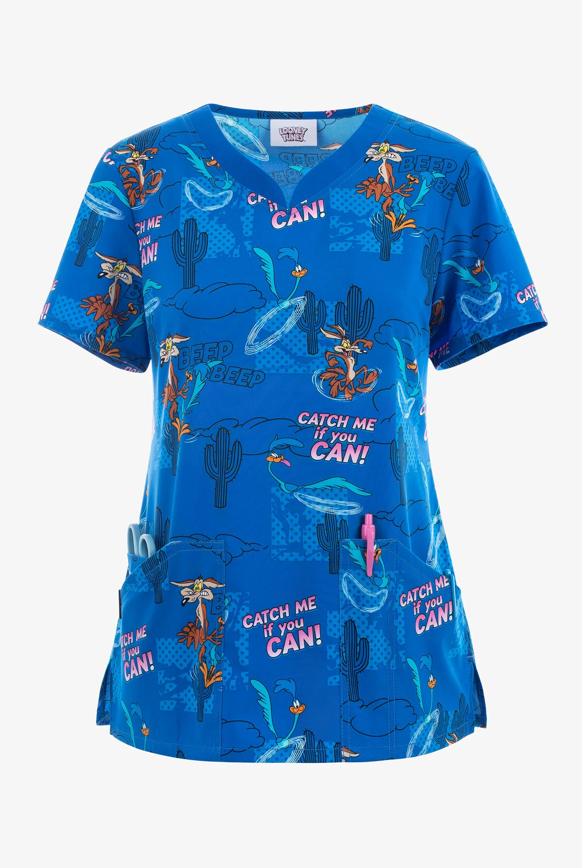 Cherokee Tooniforms Catch Me Road Runner Women's 3-Pocket STRETCH V-Neck Print Scrub Top 3 Cherokee Tooniforms Catch Me Road Runner Women's 3-Pocket STRETCH V-Neck Print Scrub Top