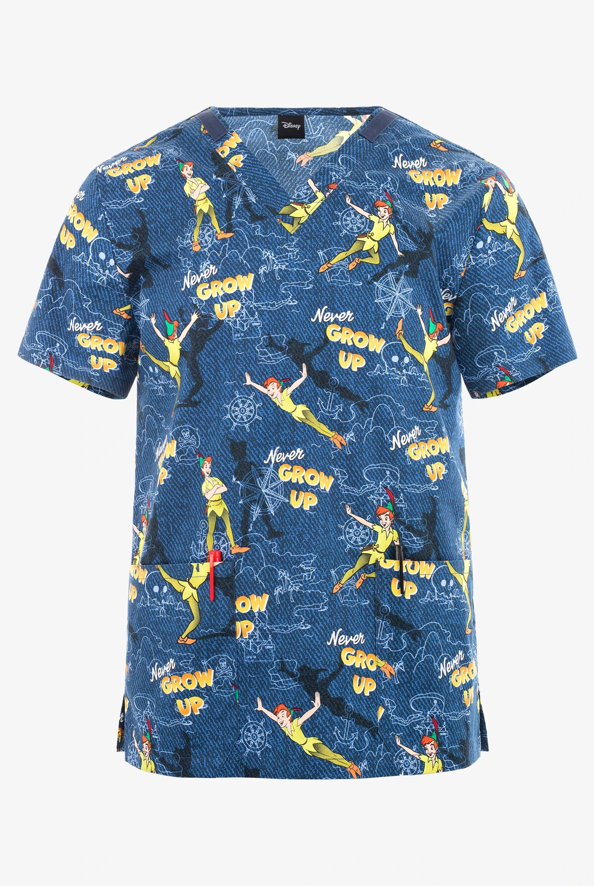 Cherokee Tooniforms Disney's Peter Pan Come With Me Unisex 2-Pocket STRETCH V-Neck Print Scrub Top 3 Cherokee Tooniforms Disney's Peter Pan Come With Me Unisex 2-Pocket STRETCH V-Neck Print Scrub Top