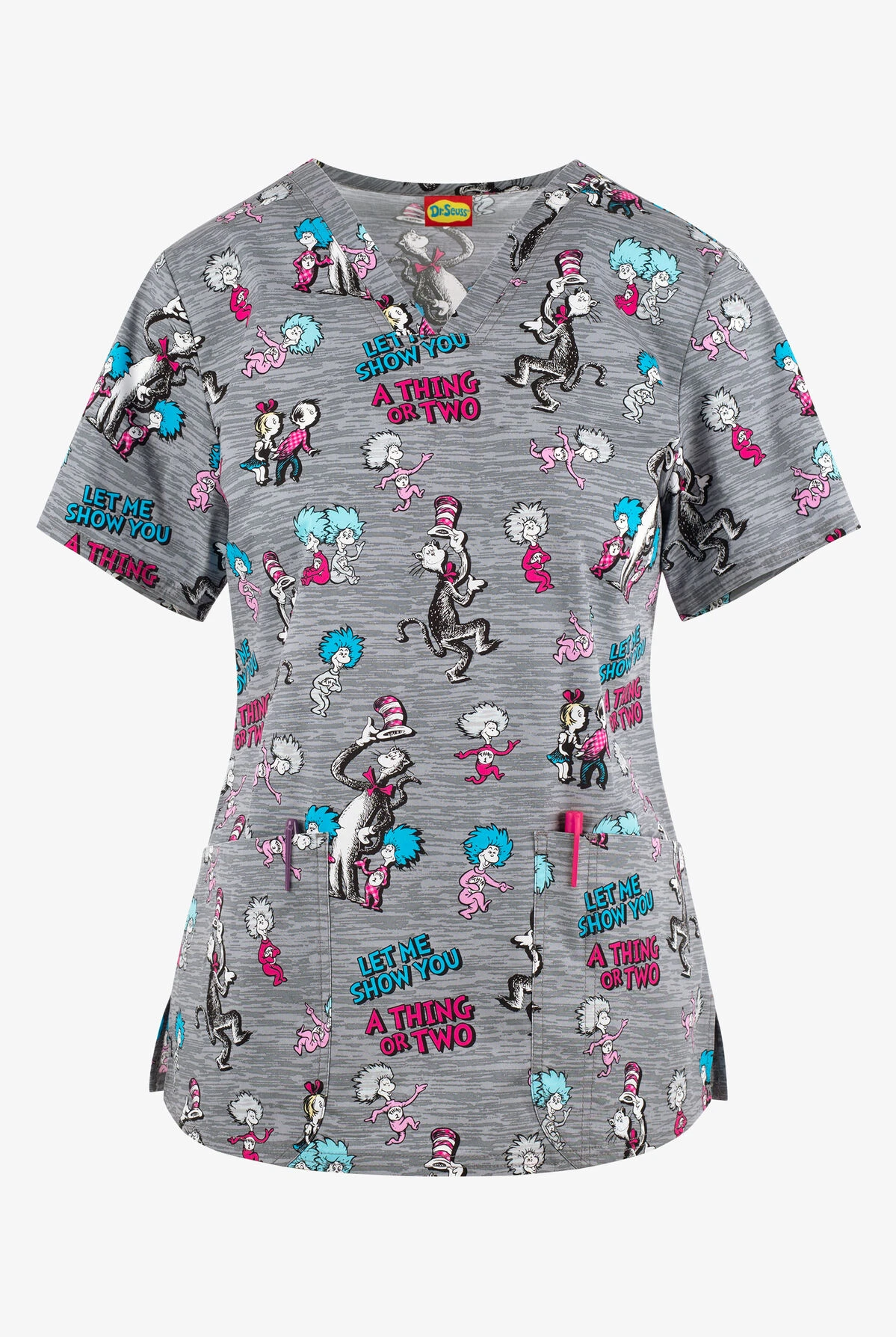 Cherokee Tooniforms A Thing Or Two Dr. Seuss Women's 2-Pocket STRETCH V-Neck Print Scrub Top 3 Cherokee Tooniforms A Thing Or Two Dr. Seuss Women's 2-Pocket STRETCH V-Neck Print Scrub Top