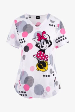 Cherokee Tooniforms Running In Circles Minnie Mouse Women's 2-Pocket STRETCH V-Neck Print Scrub Top