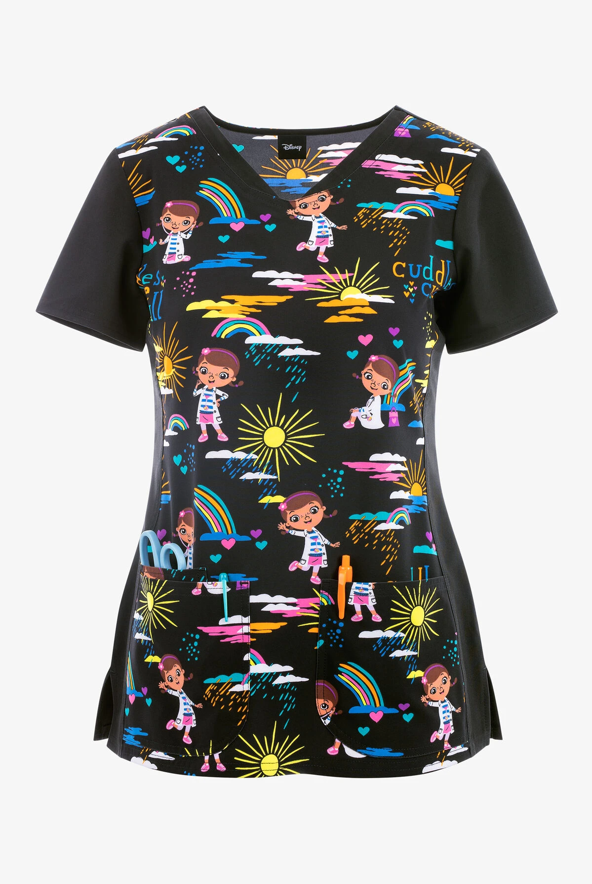 Cherokee Tooniforms Cuddles Cure All Doc McStuffins Women's 3-Pocket STRETCH V-Neck Print Scrub Top 3 Cherokee Tooniforms Cuddles Cure All Doc McStuffins Women's 3-Pocket STRETCH V-Neck Print Scrub Top