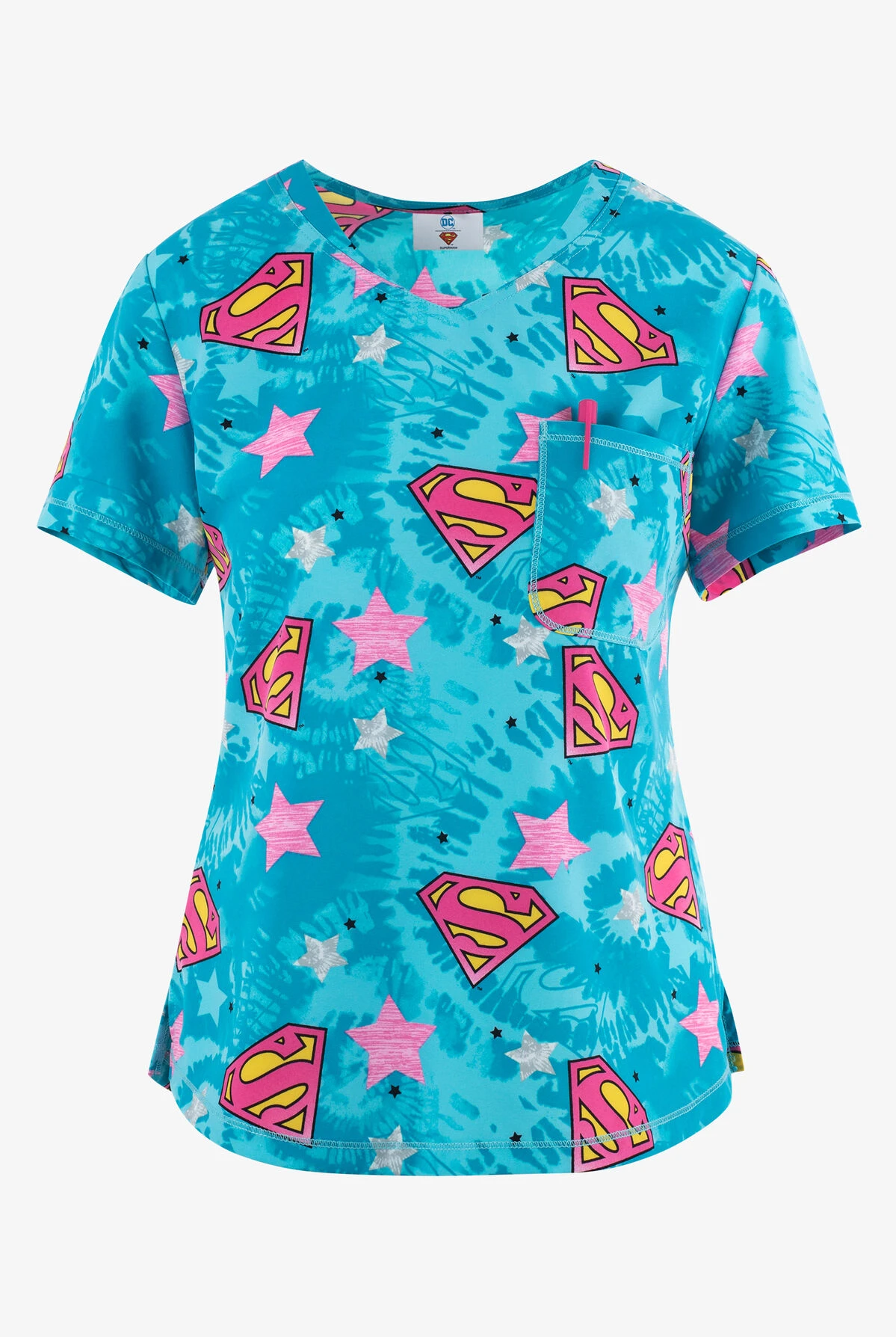 Cherokee Tooniforms DC Comics Symbol Of Hope Women's 2-Pocket STRETCH V-Neck Print Scrub Top 3 Cherokee Tooniforms DC Comics Symbol Of Hope Women's 2-Pocket STRETCH V-Neck Print Scrub Top