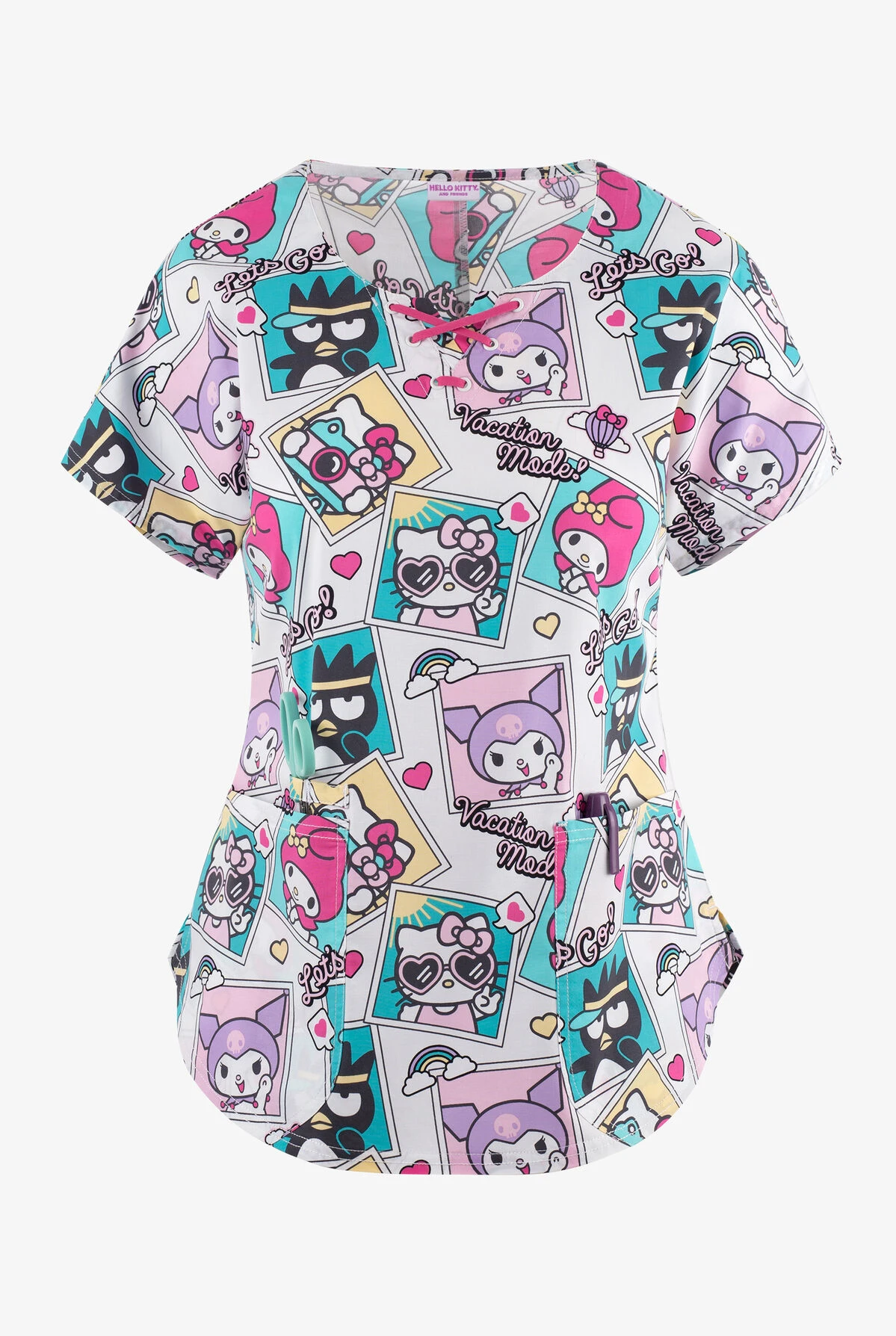 Cherokee Tooniforms Let's Go Hello Kitty Women's 2-Pocket STRETCH Notch Neck Print Scrub Top 3 Cherokee Tooniforms Let's Go Hello Kitty Women's 2-Pocket STRETCH Notch Neck Print Scrub Top