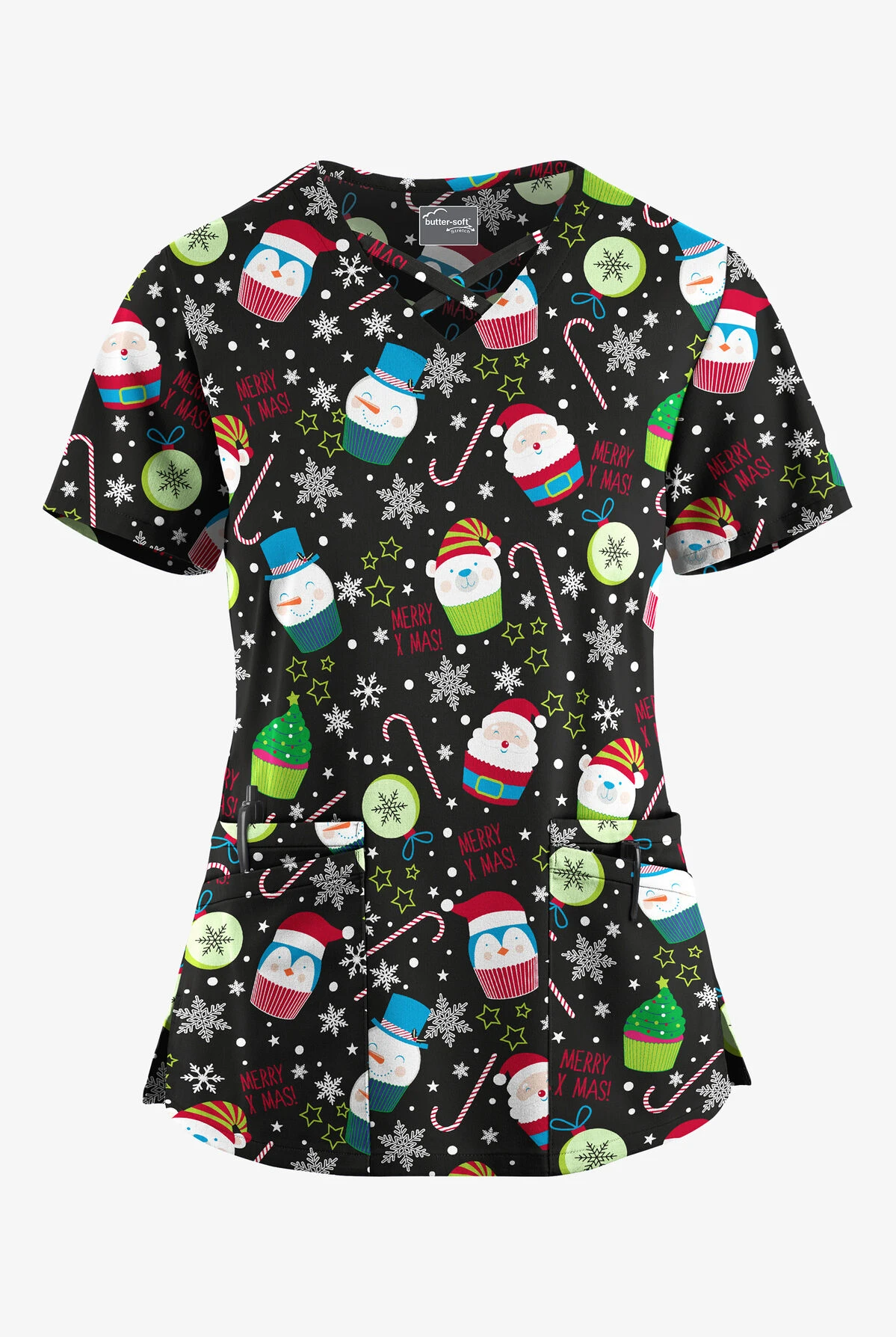 UA Butter-Soft STRETCH Christmas Treats Black Printed Women's 4-Pocket Crisscross Scrub Top 3 UA Butter-Soft STRETCH Christmas Treats Black Printed Women's 4-Pocket Crisscross Scrub Top