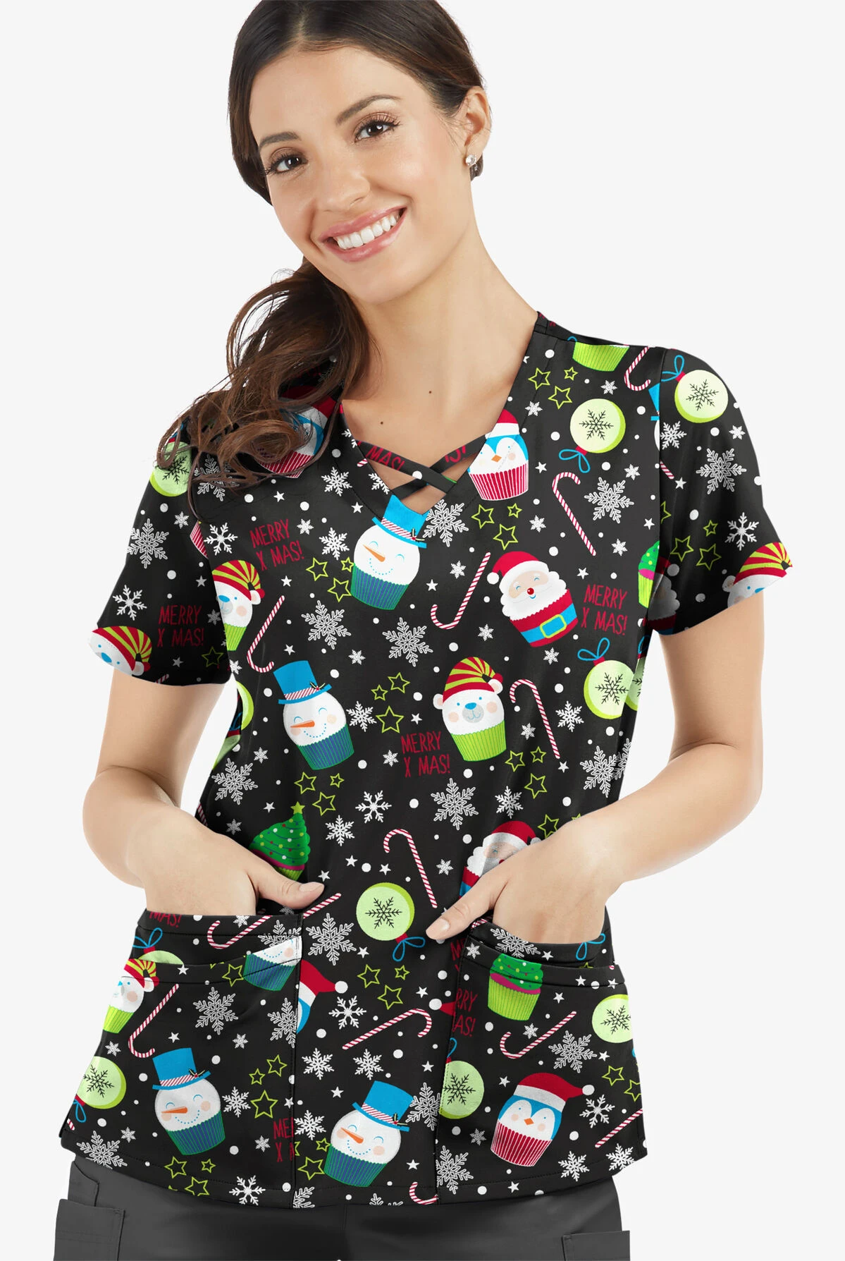 UA Butter-Soft STRETCH Christmas Treats Black Printed Women's 4-Pocket Crisscross Scrub Top 4 UA Butter-Soft STRETCH Christmas Treats Black Printed Women's 4-Pocket Crisscross Scrub Top - Image 2