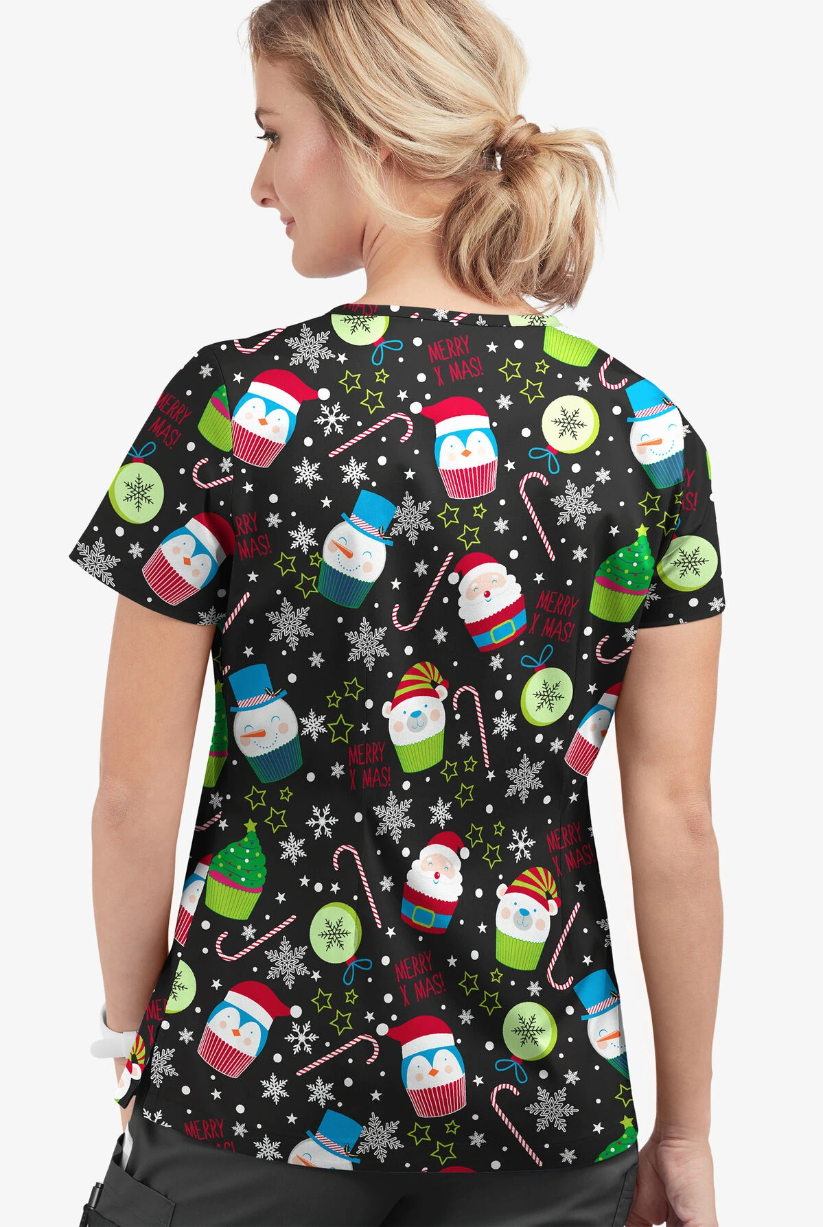 UA Butter-Soft STRETCH Christmas Treats Black Printed Women's 4-Pocket Crisscross Scrub Top 5 UA Butter-Soft STRETCH Christmas Treats Black Printed Women's 4-Pocket Crisscross Scrub Top - Image 3