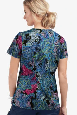 UA Butter-Soft STRETCH Layered Paisley Turquoise Women's 4-Pocket Crisscross Printed Scrub Top -Fashion Clothing CS756LPTQ 092823 3