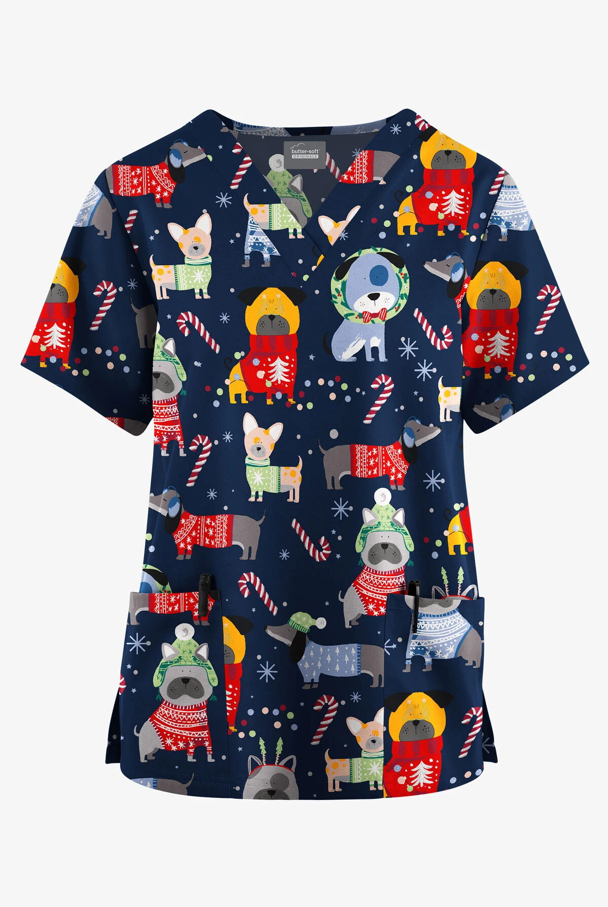Butter-Soft Originals Cuddly Pups Navy Women's 2-Pocket Classic Fit V-Neck Printed Scrub Top 3 Butter-Soft Originals Cuddly Pups Navy Women's 2-Pocket Classic Fit V-Neck Printed Scrub Top