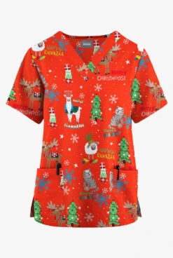 Fashion Clothing 13 Butter-Soft Originals Christmas Hanukkah Kwanzaa 2-Pocket Classic Fit V-Neck Printed Scrub Top